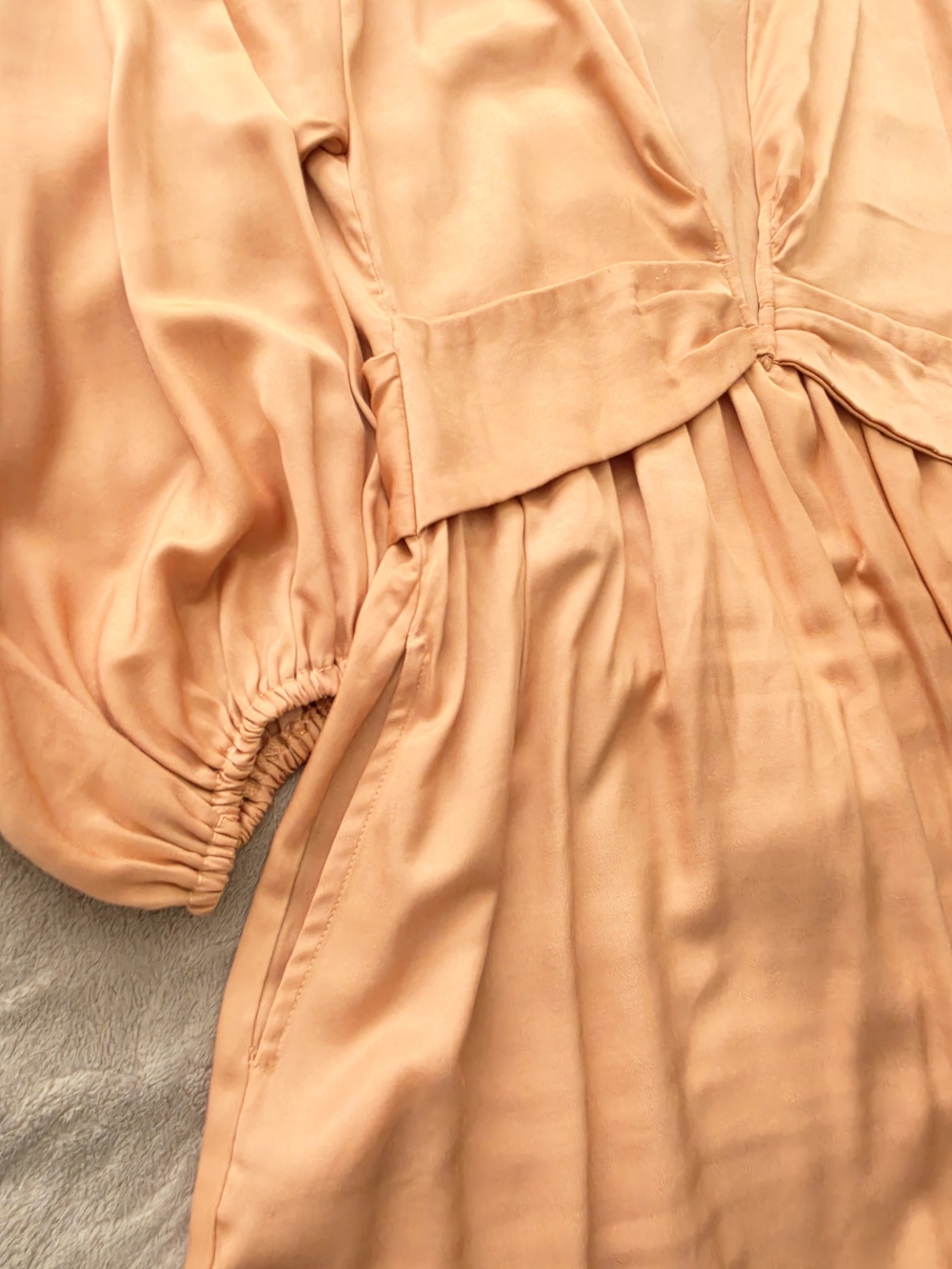 Peach Satin Mini Dress with Puff Sleeves